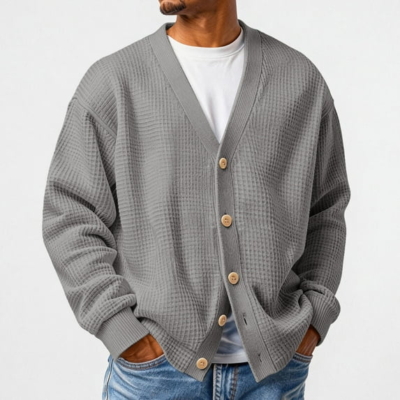 Lumtrix Mens Waffle Cardigan Sweater Long Sleeve V-Neck Knitted Sweaters Oversized Button Down Cardigan Gray XL