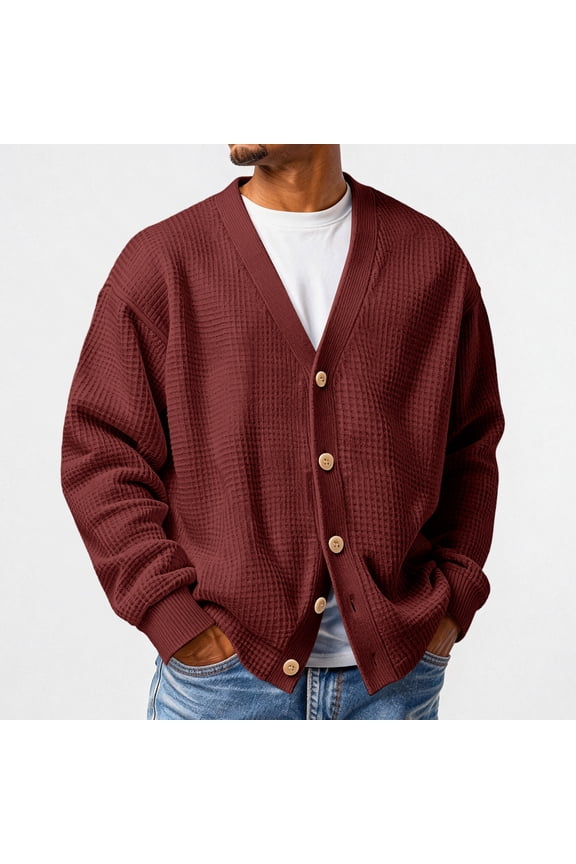 Mens Waffle Cardigan Sweater Long Sleeve V-Neck Knitted Sweaters Oversized Button Down Cardigan Wine M