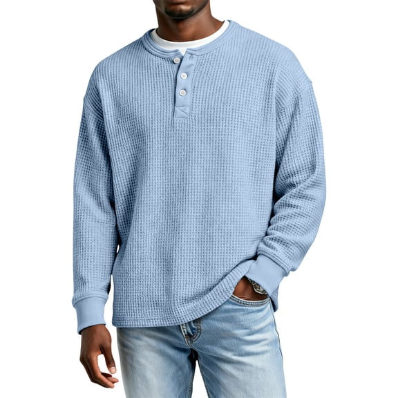 Lumtrix Mens Waffle Long Sleeve Shirt Casual Button Down Henley Shirts Lightweight Fall Tshirts Pullover Light Blue S