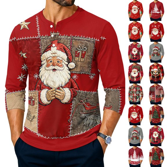 Lumtrix Merry Christmas xmas santa graphic Shirt for Men Funny Christmas Print Long Length Sleeve Tee Winter Holiday Family Party Shirts Black XL