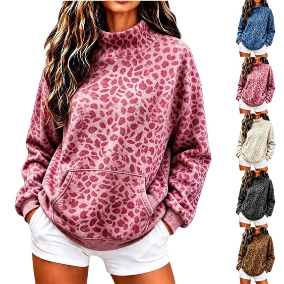 Lumtrix Mock Neck Hoodie For Women Cheetah Print Oversized Fleece Hoodies Pullover Hoodies Fall Casual Sweatshirts With Pockets Hot Pink M