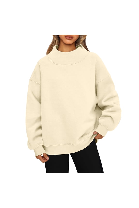 Mock Neck Sweatshirt Women Casual Turtleneck Oversized Long Sleeve Tops Pullover Sweatshirts No Hood Fall Clothes 2026 Beige S
