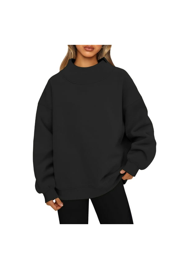 Mock Neck Sweatshirt Women Casual Turtleneck Oversized Long Sleeve Tops Pullover Sweatshirts No Hood Fall Clothes 2026 Black 2XL