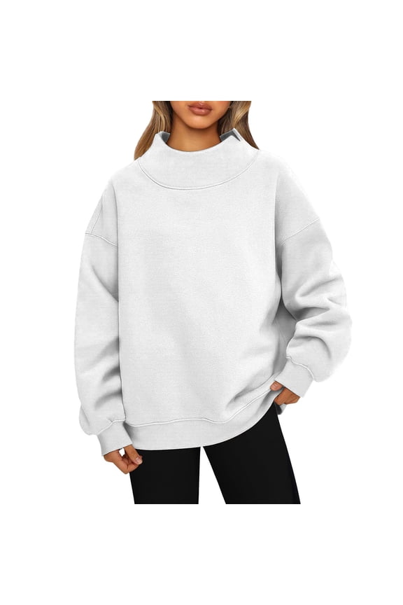 Mock Neck Sweatshirt Women Oversized Pullover Sweatshirts No Hood Plain Long Sleeve Turtleneck Tops Fall Winter Clothes White L