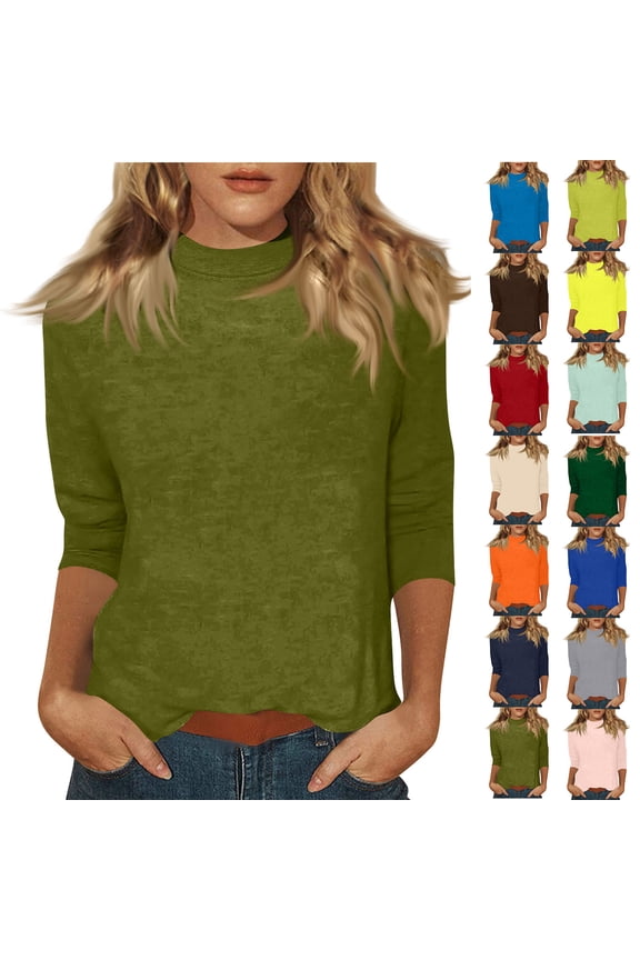 Mock Turtleneck Tops for Women Fall Plain 3/4 Sleeve T Shirt Relaxed Fit High Neck Blouses Dressy Casual Undershirt Royal Blue L