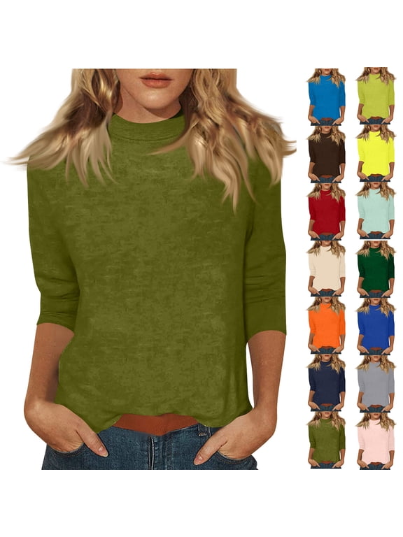 Mock Turtleneck Tops for Women Fall Plain 3/4 Sleeve T Shirt Relaxed Fit High Neck Blouses Dressy Casual Undershirt Sky Blue S