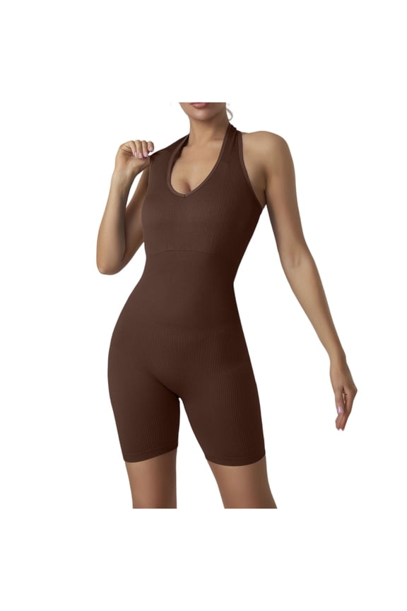 One Piece Jumpsuits For Women Halter Sleeveless Backless Bodycon Shorts Jumpsuits Bodysuit Catsuit Ribbed Sports Romper Coffee S