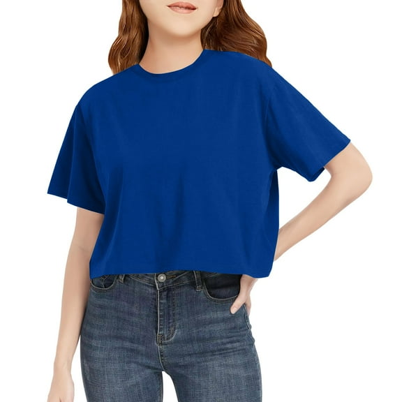 Lumtrix Girls Summer Crop Tops Kids Fashion Oversized Crew Neck Cropped Short Sleeve T Shirts Basic Tees Size 2-14 Years Blue 160