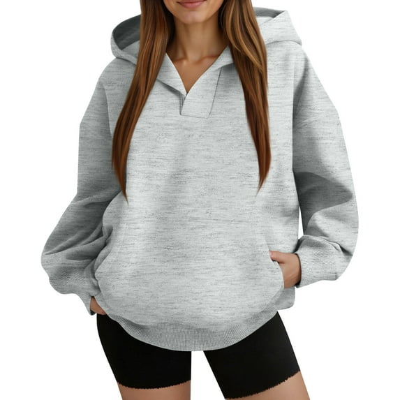 Lumtrix Oversized Hoodies for Women Fleece Plain V Neck Sweatshirt with Pocket Casual Long Sleeve Pullover Sweaters Y2k Tops Gray 2XL