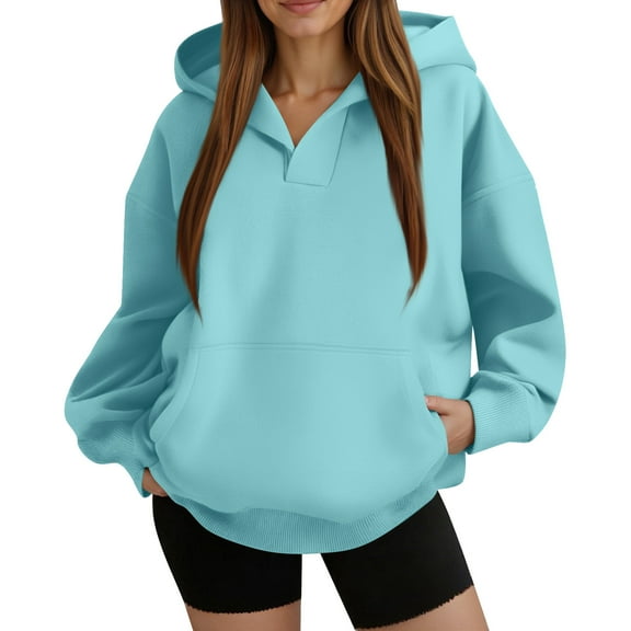 Lumtrix Oversized Hoodies for Women Fleece Plain V Neck Sweatshirt with Pocket Casual Long Sleeve Pullover Sweaters Y2k Tops Light Blue S