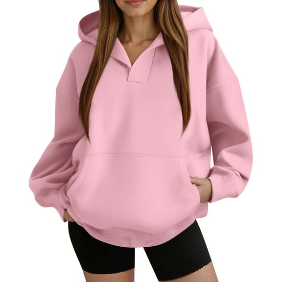 Lumtrix Oversized Hoodies for Women Fleece Plain V Neck Sweatshirt with Pocket Casual Long Sleeve Pullover Sweaters Y2k Tops Pink 2XL