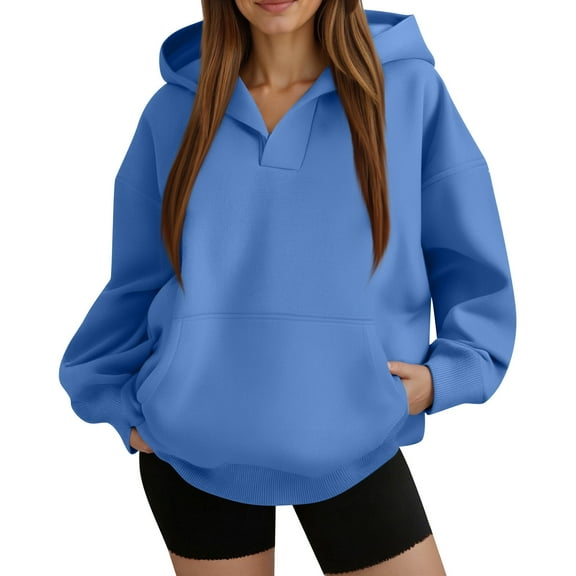 Lumtrix Oversized Hoodies for Women Fleece Plain V Neck Sweatshirt with Pocket Casual Long Sleeve Pullover Sweaters Y2k Tops Royal Blue S