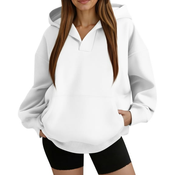 Lumtrix Oversized Hoodies for Women Fleece Plain V Neck Sweatshirt with Pocket Casual Long Sleeve Pullover Sweaters Y2k Tops White L