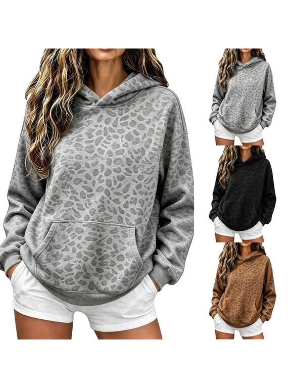 Oversized Hoodies for Women Pullover Cheetah Print Hoodie Sweatshirt Cozy Graphic Loose Vintage Sweat Shirt Gray M
