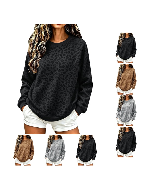 Oversized Sweatshirt For Women Leopard Print Top Pullover Crew Neck Long Sleeve Loose Fit Graphic Sweatshirts Cheetah Print Top Black M