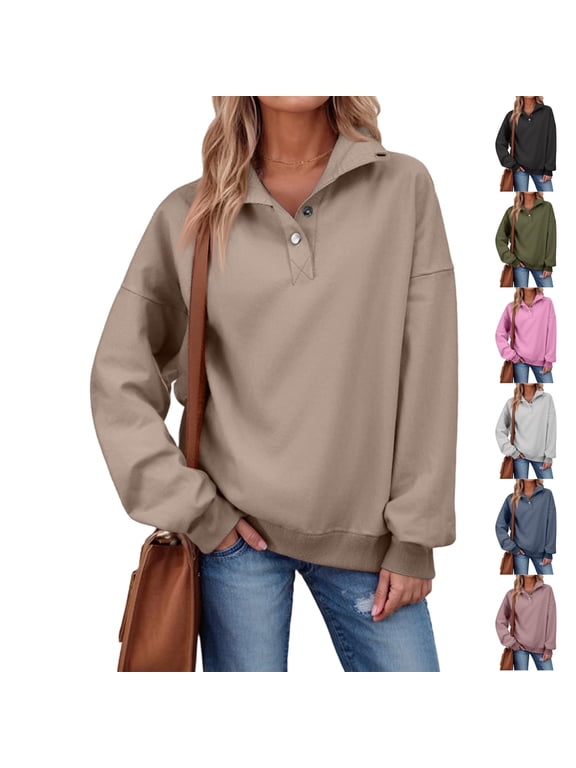 Oversized Sweatshirt for Women Quarter Button up Stand Collar Long Sleeve Pullover Sweatshirts Henley Neck Pullover Tops Trendy Dark Blue _EF06 S