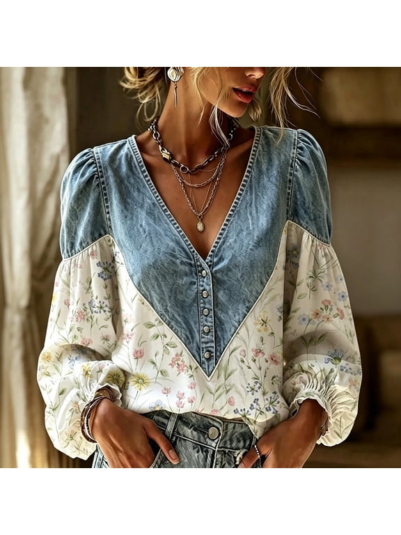 Patchwork Jean Shirt for Women Denim Button up Vneck Shirt Puff Sleeve Boho Tops Cute Print Tiered Loose Fit Casual Shirt White S