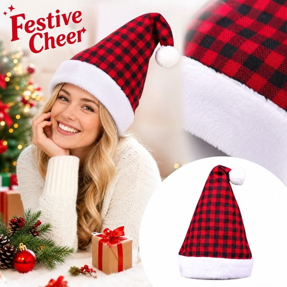 Lumtrix Plaid Christmas Hat For Adults Classic Holiday Festive Headwear For Winter Christmas Parties And Everyday Wear Red One Size