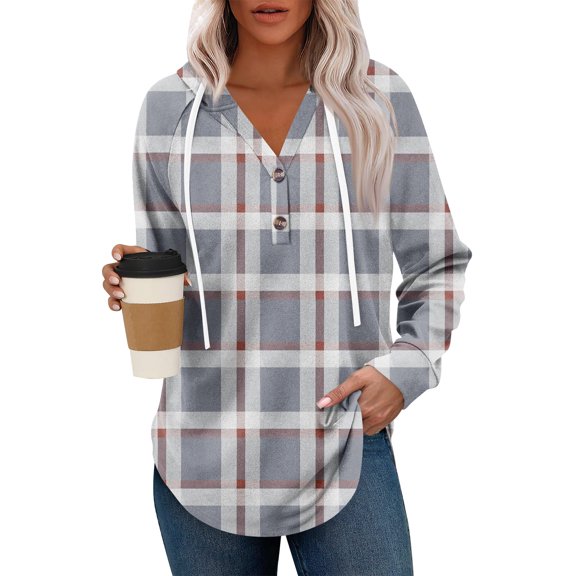 Lumtrix Plaid Pullover Hoodies for Women Fall Long V Neck Sweatshirt Comfy Casual Oversized Hoodies Pullover Winter Tops Light Gray L