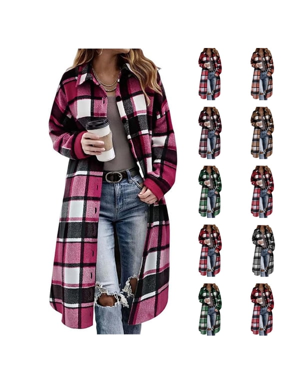 Plaid Shacket Jackets Women Long Flannel Shirt Button Tartan Trench Coat Trendy Checkered Casual Warm Winter Oversized Office Work Outerwear Hot Pink L