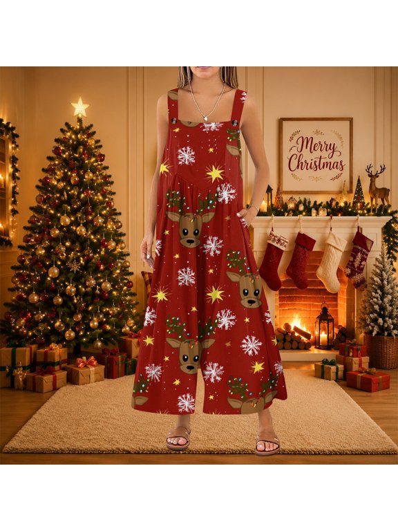 Plus Size Christmas Rompers Woman 2026 Overalls for Women Christmas Pattern Jumpsuits Red S