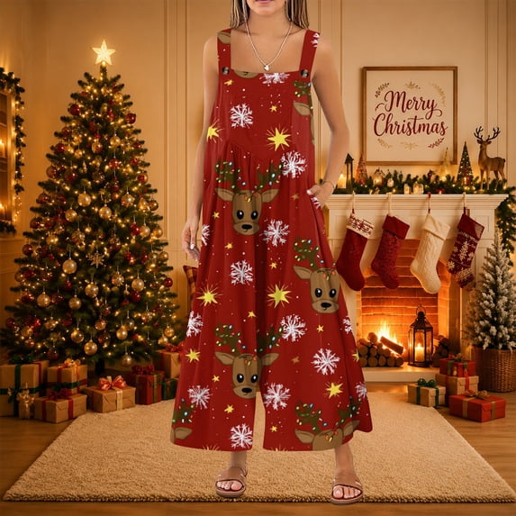 Lumtrix Plus Size Christmas Rompers for Woman 2026 Pants for Women Xmas Print Jumpsuit Red L