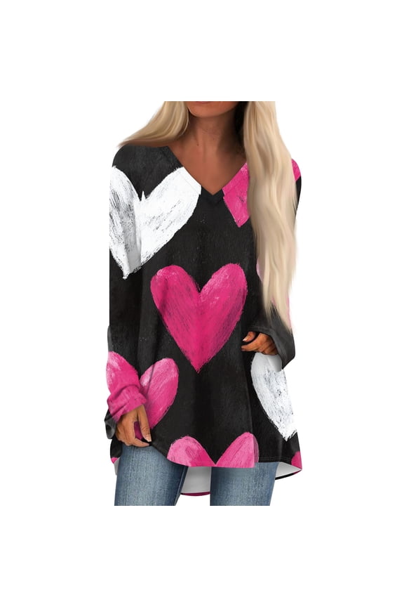 Plus Size Women Valentine Shirts Love Heart Graphic Long Sleeve Tshirt Casual Valentines Day Gift V Neck Tops High Low And Curved Hem Tunic Watermelon Red 3XL