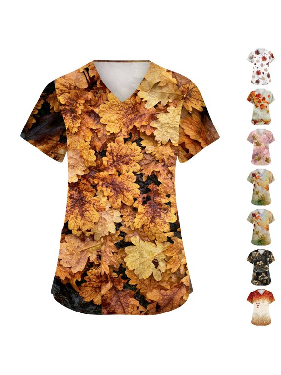 Plus Size Womens Scrub Tops Maple Leaf Printed Stretchy V-Neck With 2 Pockets,Nurse Uniform Soft Breathable Medical Scrub Tops Earthy Yellow S