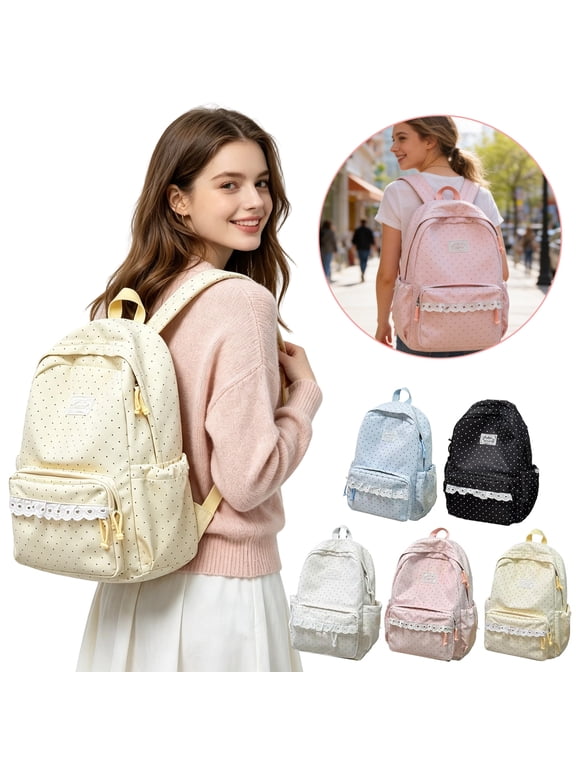 Polka Dot Backpacks Cute Backpack With Lace Coquette Aesthetic Backpack Large Laptop Daypack For Classes Travel E