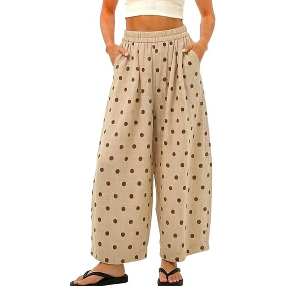 Lumtrix Polka Dot Pants For Women 2026 Summer Boho Beach Elastic Waist Wide Leg Palazzo Cotton Linen Barrel Pant With Pockets Khaki 2XL