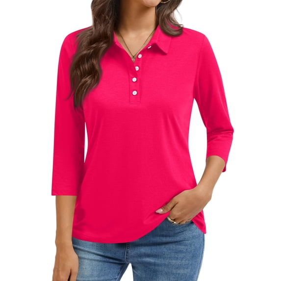 Lumtrix Polo Shirts For Women 3/4 Sleeve Tops Golf Tees 5-Button Collared Work Blouse Business Casual Blouse Hot Pink L