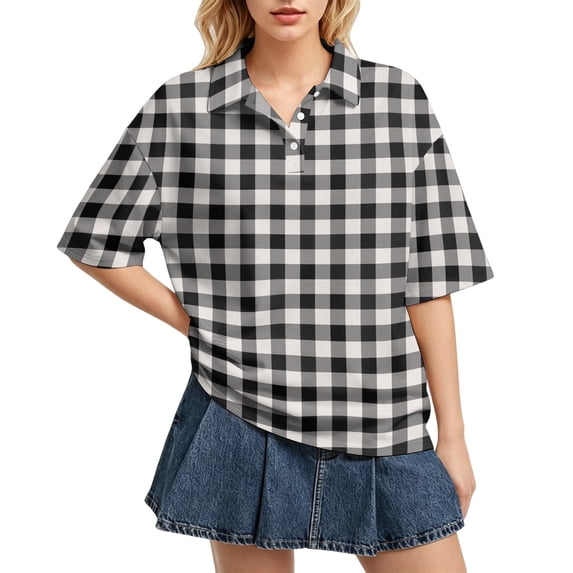 Lumtrix Polo Shirts For Women Teen Girls Plaid Oversized Rugby Shirt Tops Short Sleeve V Neck Y2K Streetwear Summer Casual TeeGray 2XL