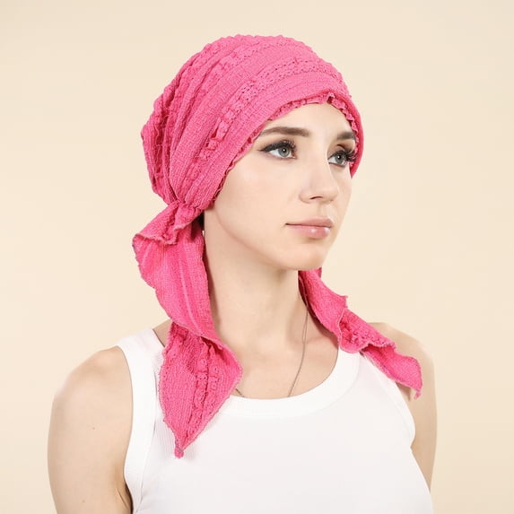 Lumtrix Pre-Tied Headwear For Women Elegant Lace Turban Headwrap Soft Stretchy Caps Breathable Cancer Headscarf Hot Pink One Size