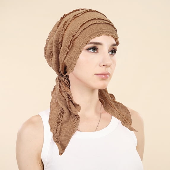 Lumtrix Pre-Tied Headwear For Women Elegant Lace Turban Headwrap Soft Stretchy Caps Breathable Cancer Headscarf Light Brown One Size