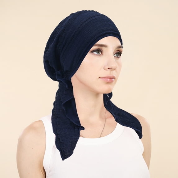Lumtrix Pre-Tied Headwear For Women Elegant Lace Turban Headwrap Soft Stretchy Caps Breathable Cancer Headscarf Navy One Size