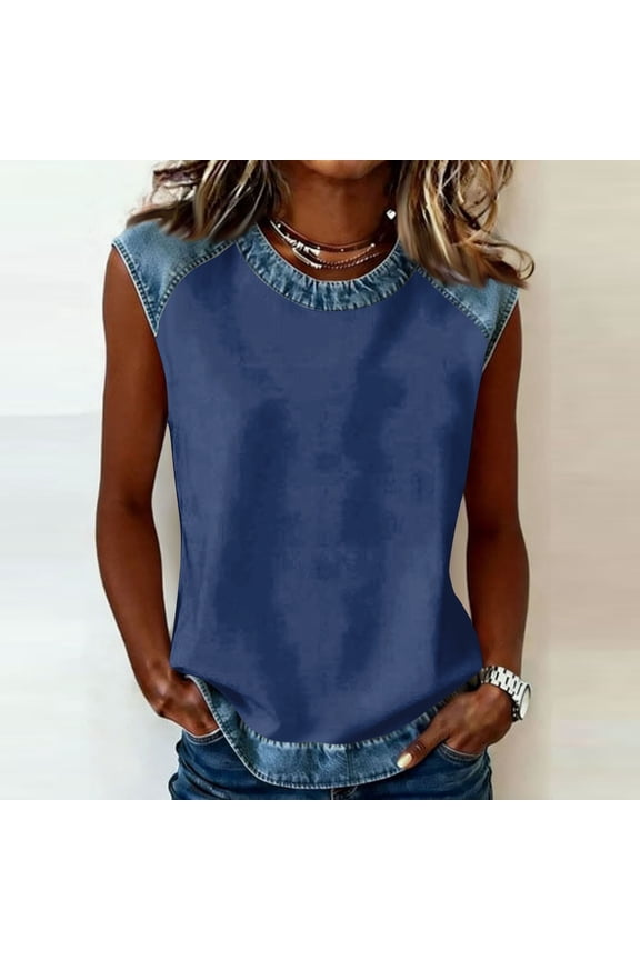 Print Faux Denim Trim Tank Top For Women Patchwork Sleeveless Shirt Crewneck Vest Casual Color Block Summer Top 2026Navy S