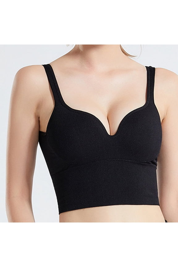 Push Up Wireless Deep V Bra Supportive Seamless Bra Shaping Longline Solid Color Bralettes Black 2XL