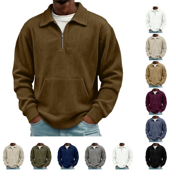 Lumtrix Quarter Zip Pullover Men Ribbed Vintage Corduroy Mock Neck Sweatshirts Fall Spring Long Sleeve Casual Golf Sweaters With Pockets Brown L