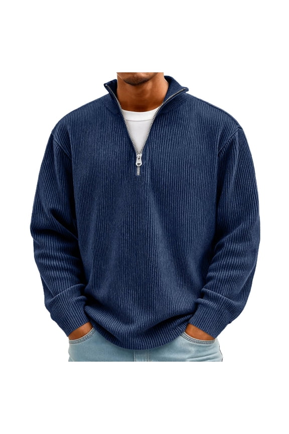 Quarter Zip Sweatshirt For Men Long Sleeve Corduroy Shirts Trendy Stand Collar Ribbed Pullover Tops Navy M