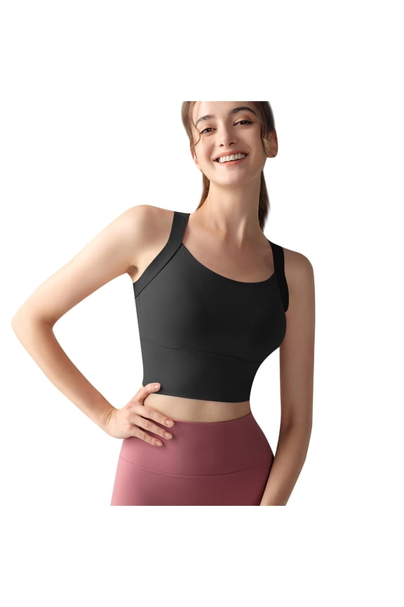 Round Neck Sports Bra for Women Longline Workout Crop Tank Tops Wirefree Yoga Gym Bralette Black 34