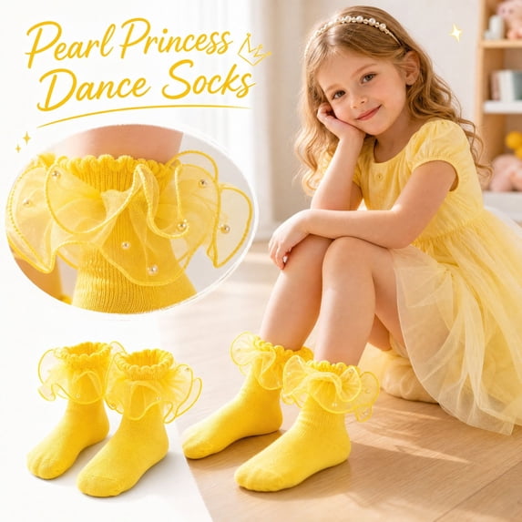 Lumtrix Ruffle Socks For Girls Pearls Lace Frilly Dress Socks Soft Cotton Fluffy Ruffles Stretch Socks Yellow XL