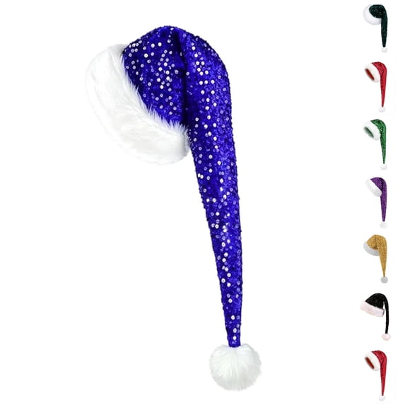 Lumtrix Santa Hat For Adults, Long Sequin Christmas Hats For Women Or Men Xmas Holiday Hat For Santa Costume Supplies Blue One size