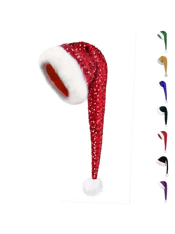 Santa Hat For Adults, Long Sequin Christmas Hats For Women Or Men Xmas Holiday Hat For Santa Costume Supplies Red One size