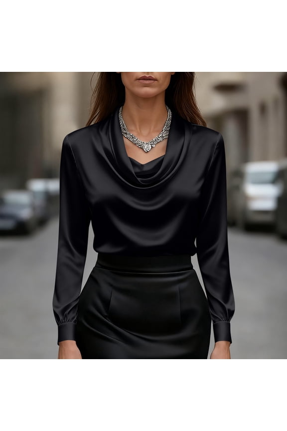 Satin Blouses for Women Drape Silk Ruched Cowl Neck Tops Dressy Business Long Sleeve Elegant Work Shirts for Office Casual Solid Color Clothes Black M