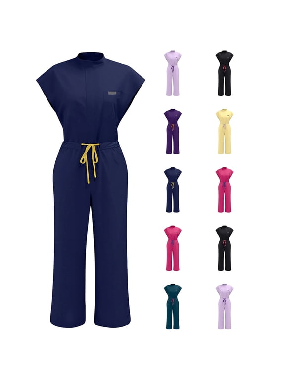 Scrub Jumpsuit For Women - Stand-Up Collar One Piece Scrubs Multi Pockets Comfortable Scrubs Set For Nurses & Doctors Dark Blue M