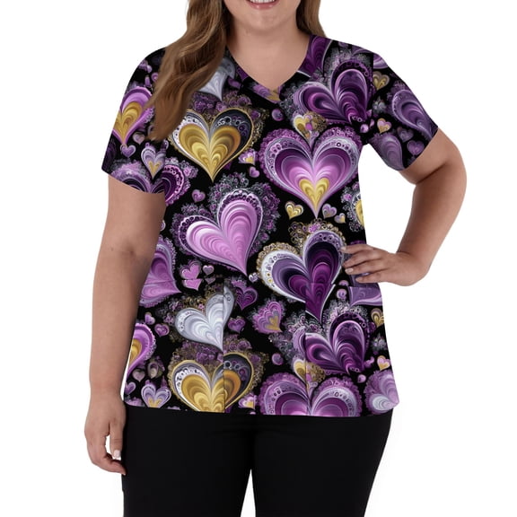 Lumtrix Scrubs Tops for Women Short Sleeve V Neck Cute Valentine's Day Printed shirt Side Slit Plus Size Uniform with Pockets Light Purple M