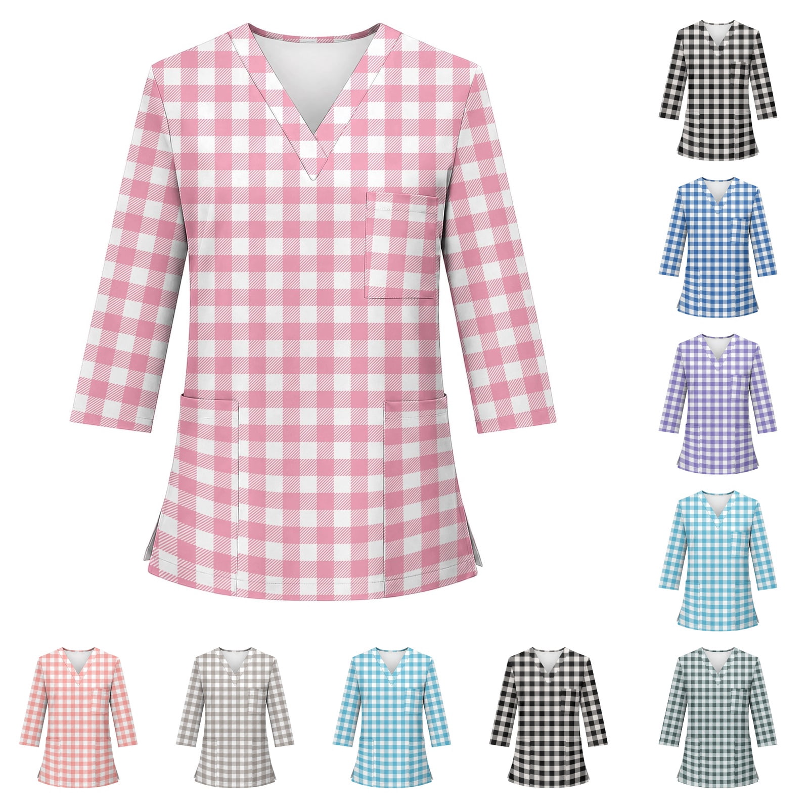 Lumtrix Scrubs for Women 3/4 Sleeve V Neck Scrub Tops Stretchy Plaid ...