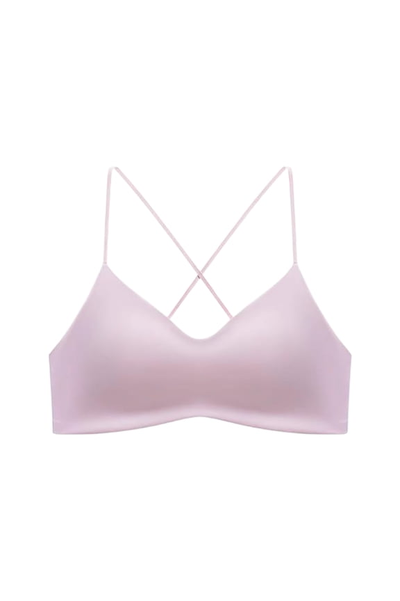 Seamless V-Neck Women Sports Bras Thin Straps Cross Back Wireless Workout Yoga Bras For Small Chests Pink 38