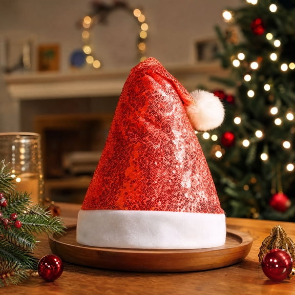 Lumtrix Sequin Santa Hat For Adults With Shiny Sequin And Fluffy Pompom, Party Hat For New Year Xmas Festival Red One Size