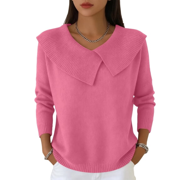 Lumtrix Shawl Collar Sweaters For Women Long Sleeve Ribbed Knit Tops Cozy Sweaters Casual Loose Pullover Winter Fashion Clothing Pink 2XL